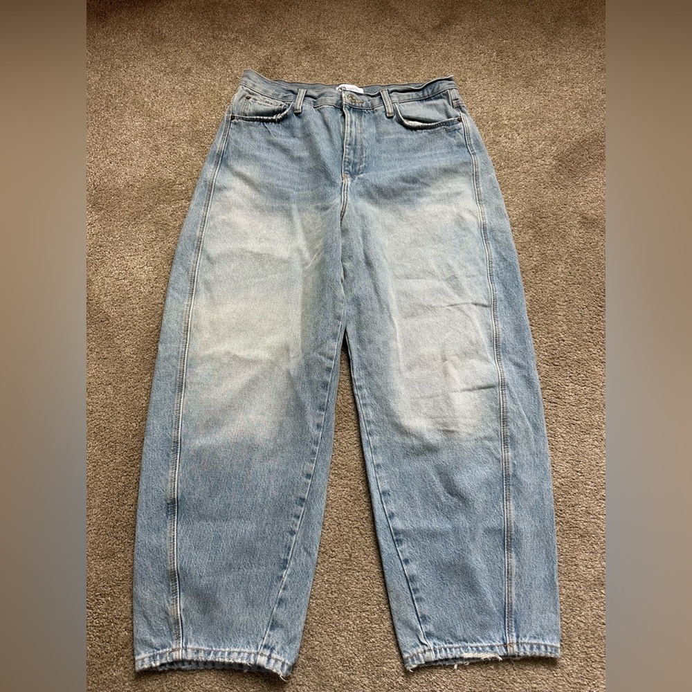 Zara Light Blue Women Mid-Rise Tapered Barrel Denim Jeans - Picture 3 of 6